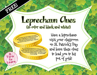 Go on a leprechaun hunt with your students this St. Patrick's Day!  Use these free, editable clues to follow the leprechaun to a pot of gold!