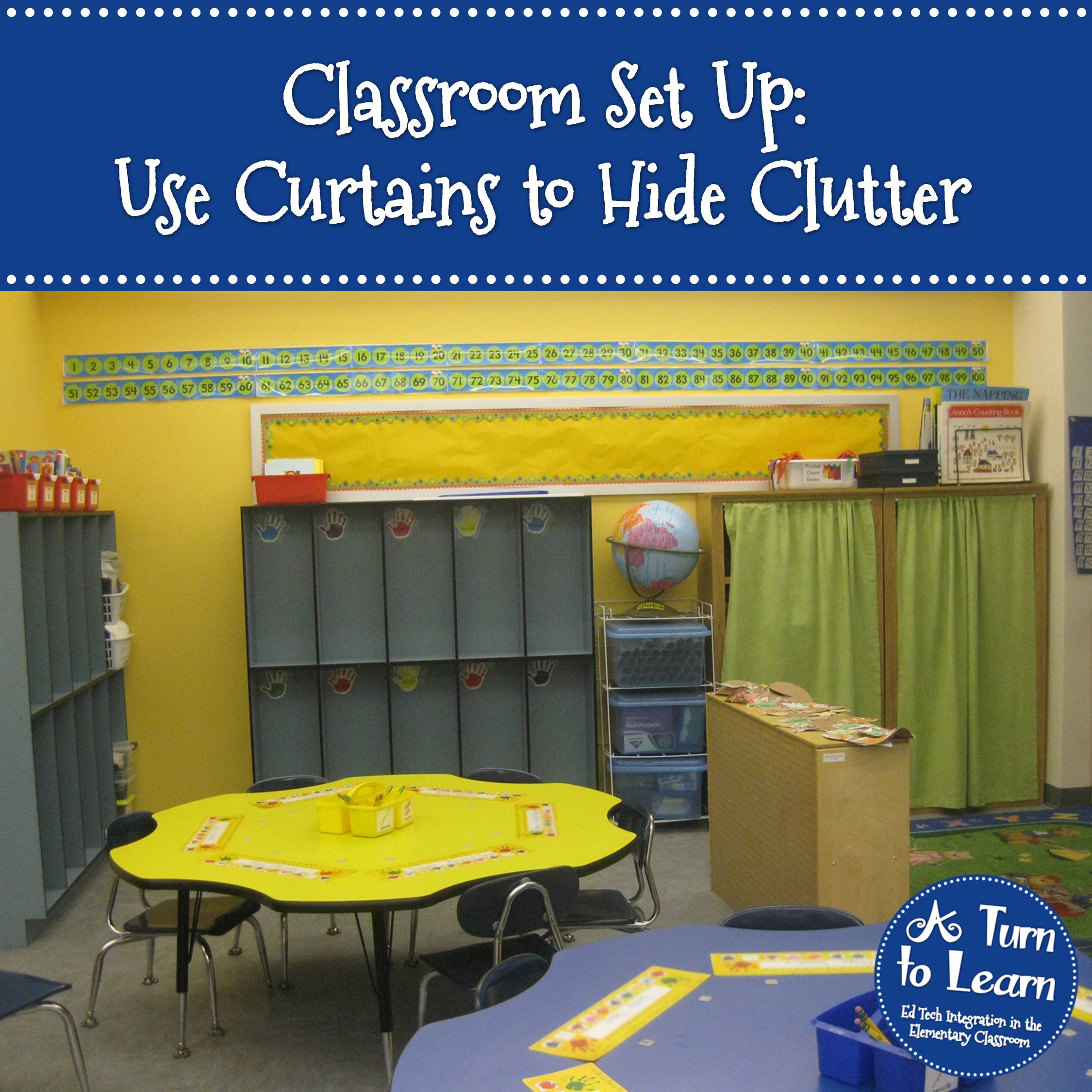 Kindergarten Classroom Pictures: Use Curtains to Hide Clutter