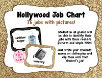 black and gold glittery hollywood themed job chart... love the use of real pictures for pre-readers and ELLs!