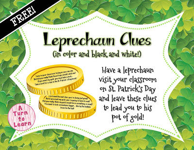 These editable clues are sure to make St. Patrick's Day a hit in your classroom! Go on a leprechaun hunt in your classroom and use these clues to travel around the school to find the leprechaun's pot of gold! So much fun!