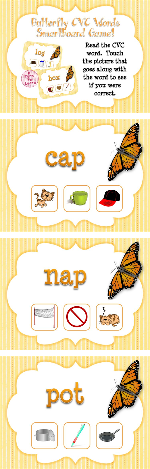 Butterfly Themed CVC Words Game for Smartboard or Promethean Board!