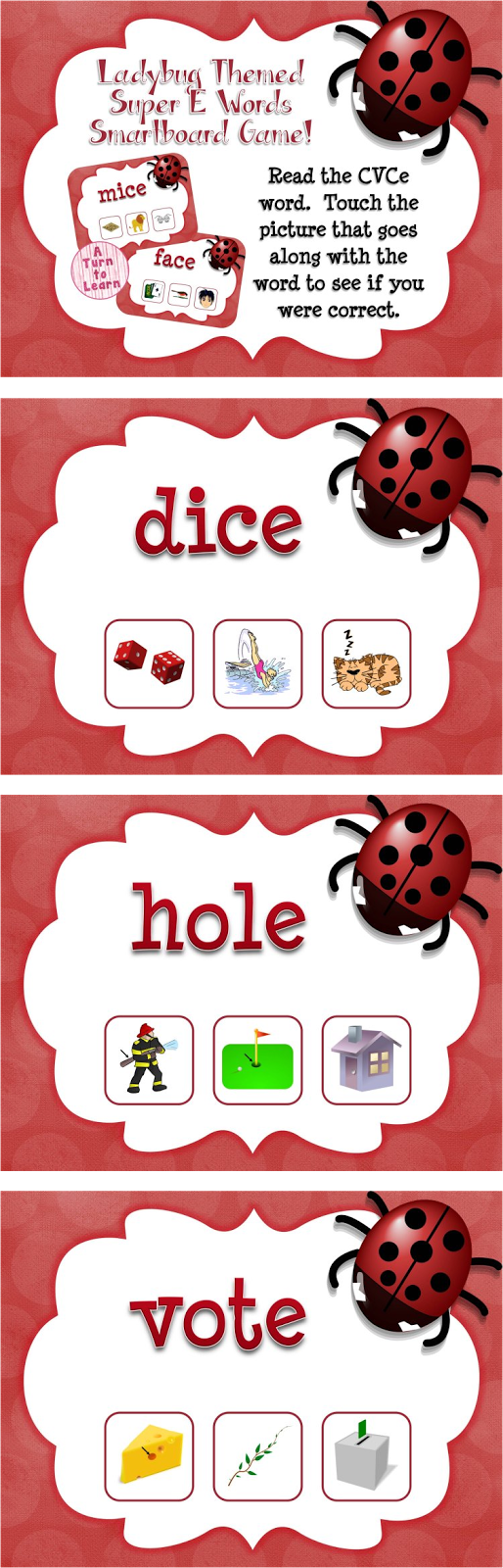 Ladybug Themed CVCe Words Game for Smartboard or Promethean Board!