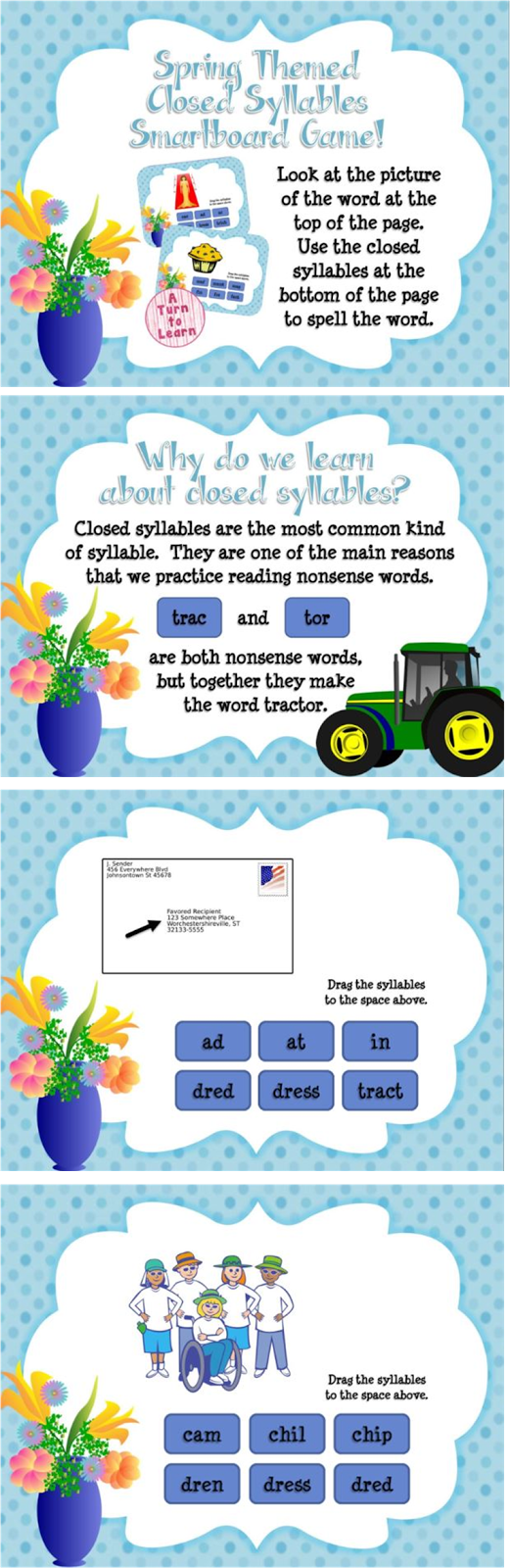 Spring Closed Syllables Game for Smartboard or Promethean Board!