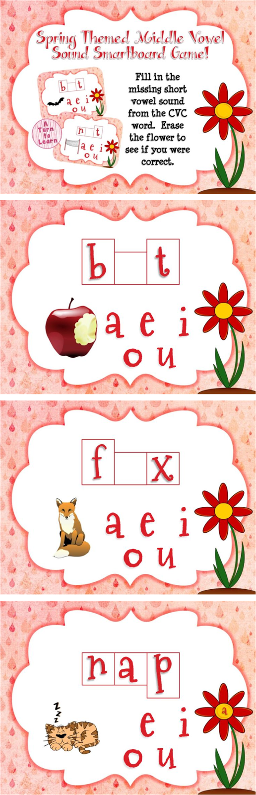 Spring Themed Middle Vowel Sounds Game for Smartboard or Promethean Board