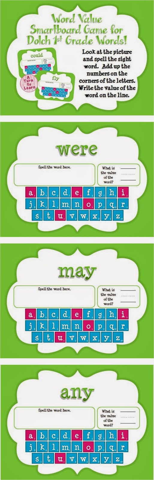 Word Value Game for Dolch 1st Grade Words - Smartboard or Promethean Board! 