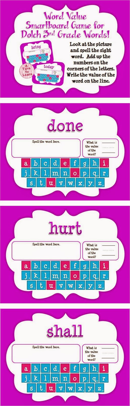 Word Value Game for Dolch 3rd Grade Words - Smartboard or Promethean Board! 