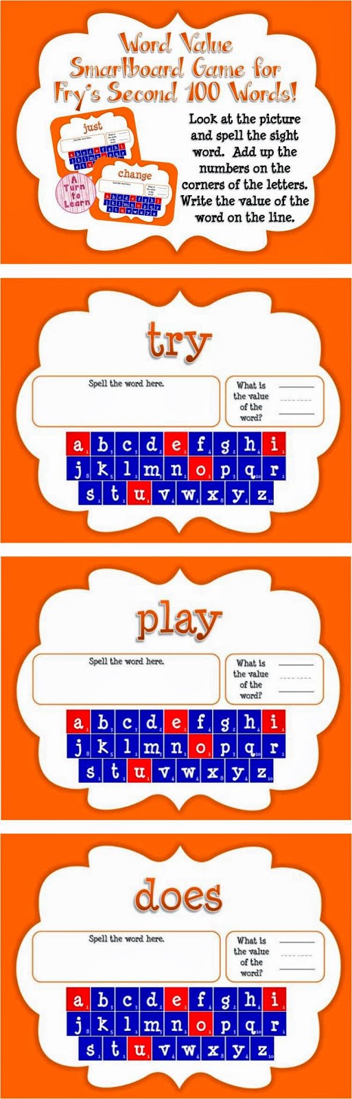 Word Value Game for Fry's 2nd 100 Words - Smartboard or Promethean Board! 
