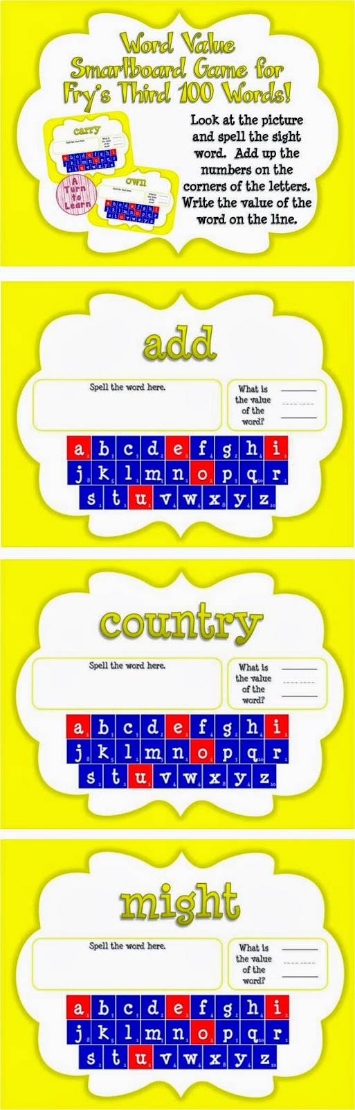 Word Value Game for Fry's 3rd 100 Words - Smartboard or Promethean Board! 