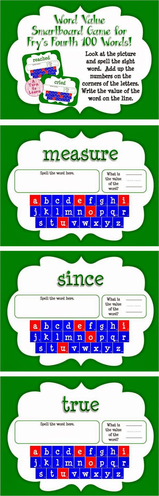 Word Value Game for Fry's 4th 100 Words - Smartboard or Promethean Board! 