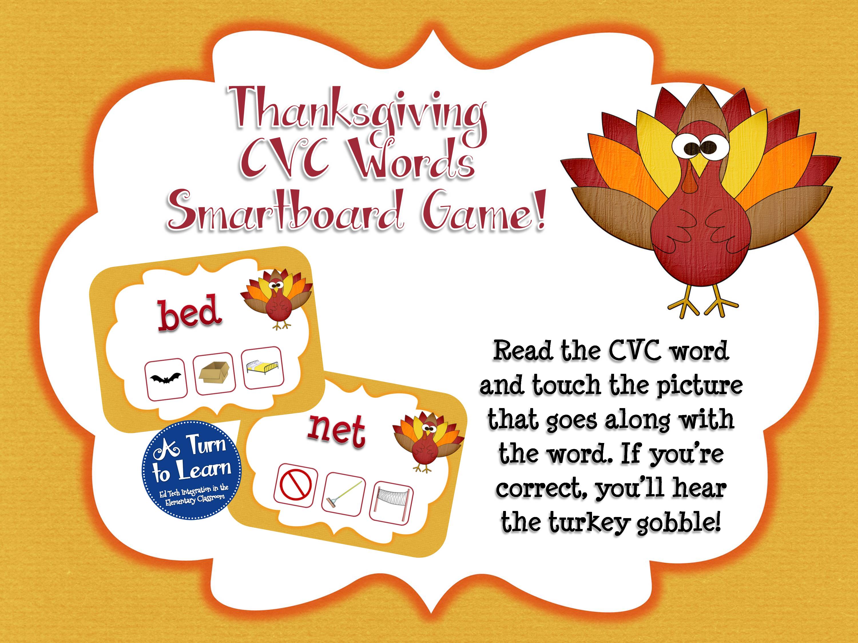 Thanksgiving themed smartboard game for reading CVC words