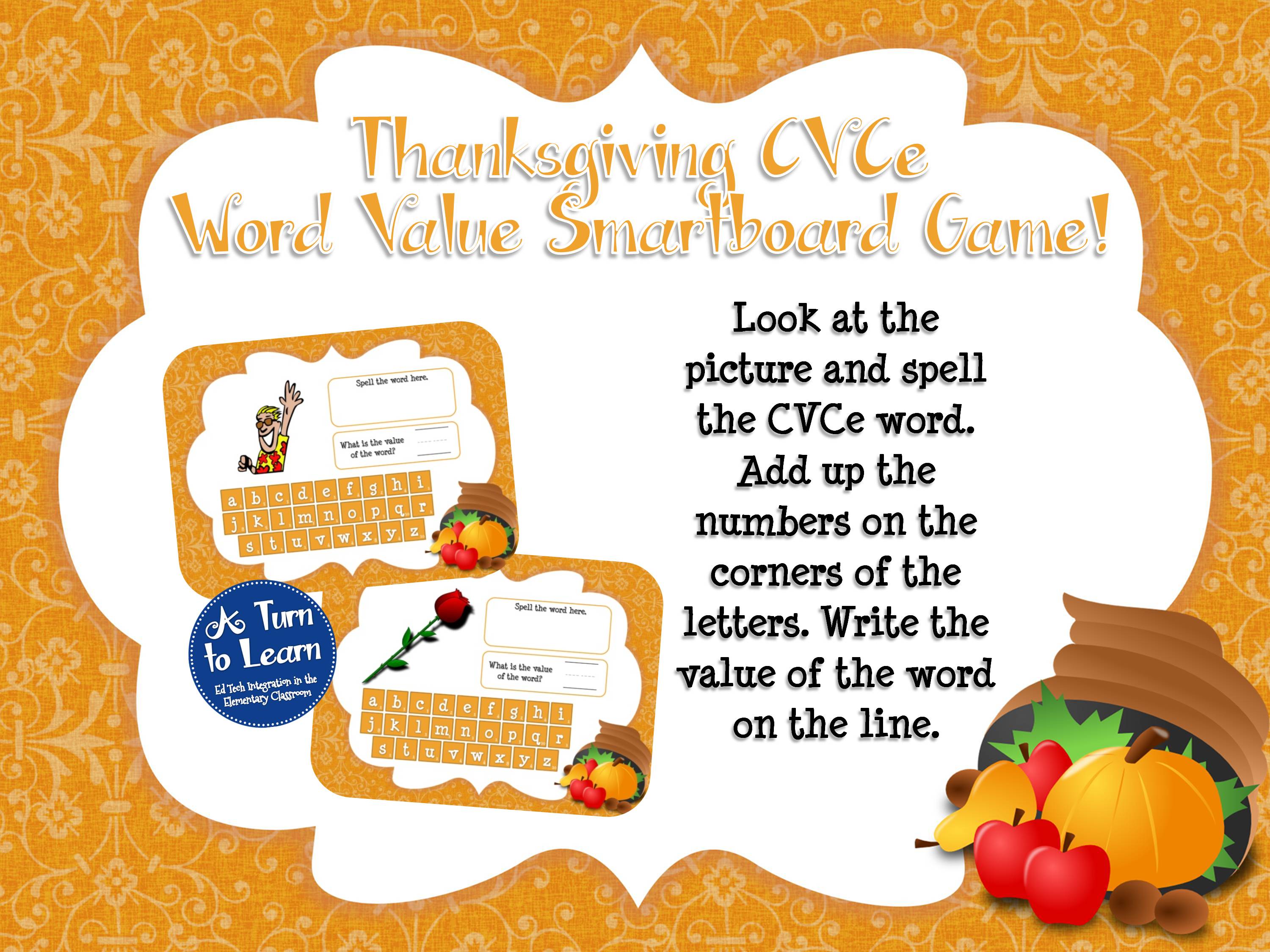 Thanksgiving themed CVCe word smartboard game for practicing spelling and math skills together!