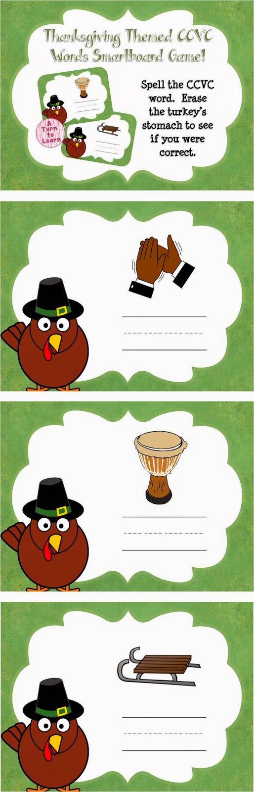  This thanksgiving themed smartboard/promethean board game is the perfect way to have your students practice CCVC words - just have your students read the word at the top of the page and find the picture that goes along with the word.