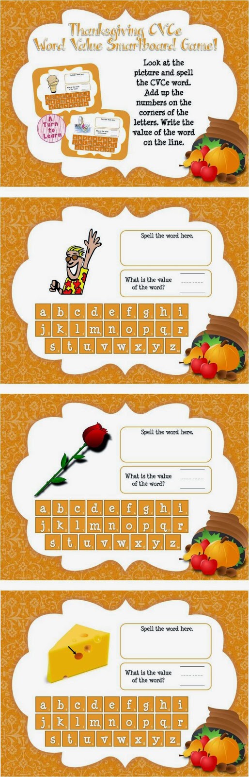  This Thanksgiving themed smartboard/promethean board game is the perfect way to celebrate the holiday! Have students spell the CVCe word at the top of the page, then figure out the "value" of the word by adding up the numbers on the tiles... this game is the perfect way to incorporate math into your ELA lessons!