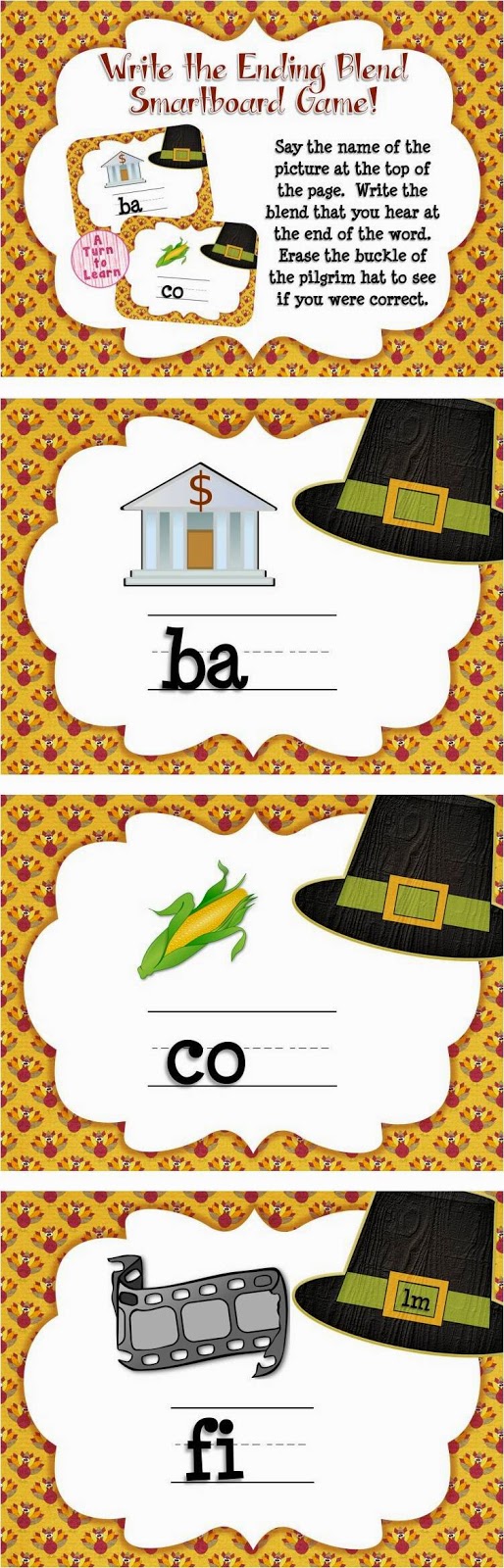 This Thanksgiving themed smartboard/promethean board game is the perfect way to celebrate the holiday! Write the blend you hear at the end of the word. Erase the pilgrim's hat to see if you were correct.