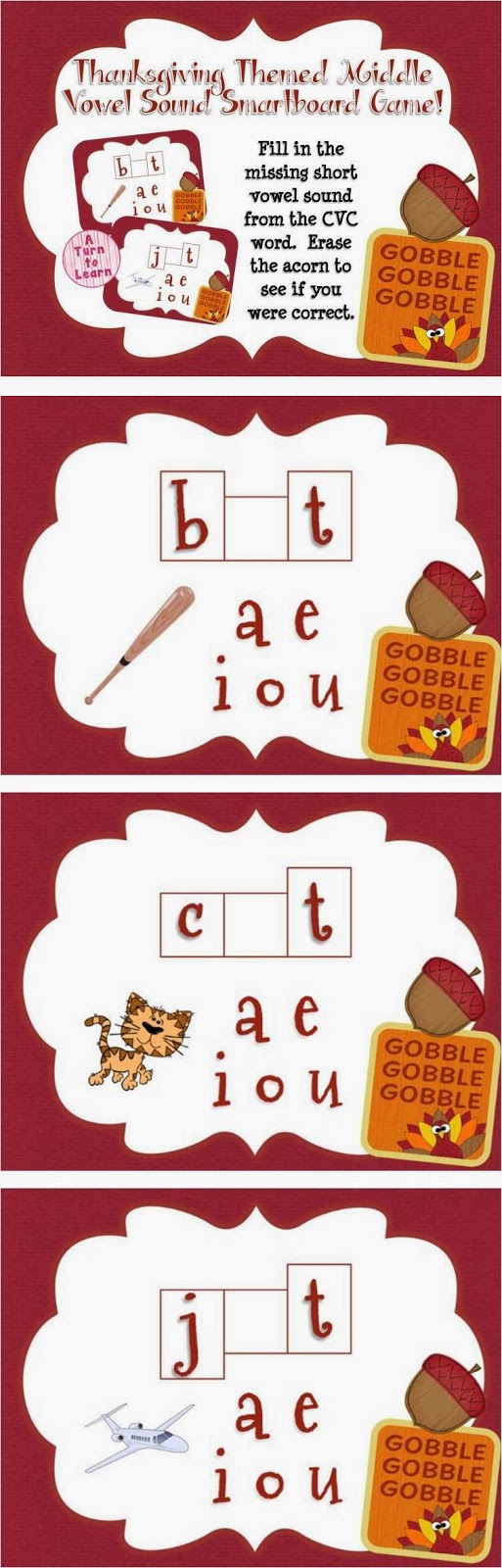  This thanksgiving themed smartboard/promethean board game is the perfect way to have your students practice middle short vowel sounds - just have your students drag the missing vowel into the word shape and erase the acorn to see if you're correct!